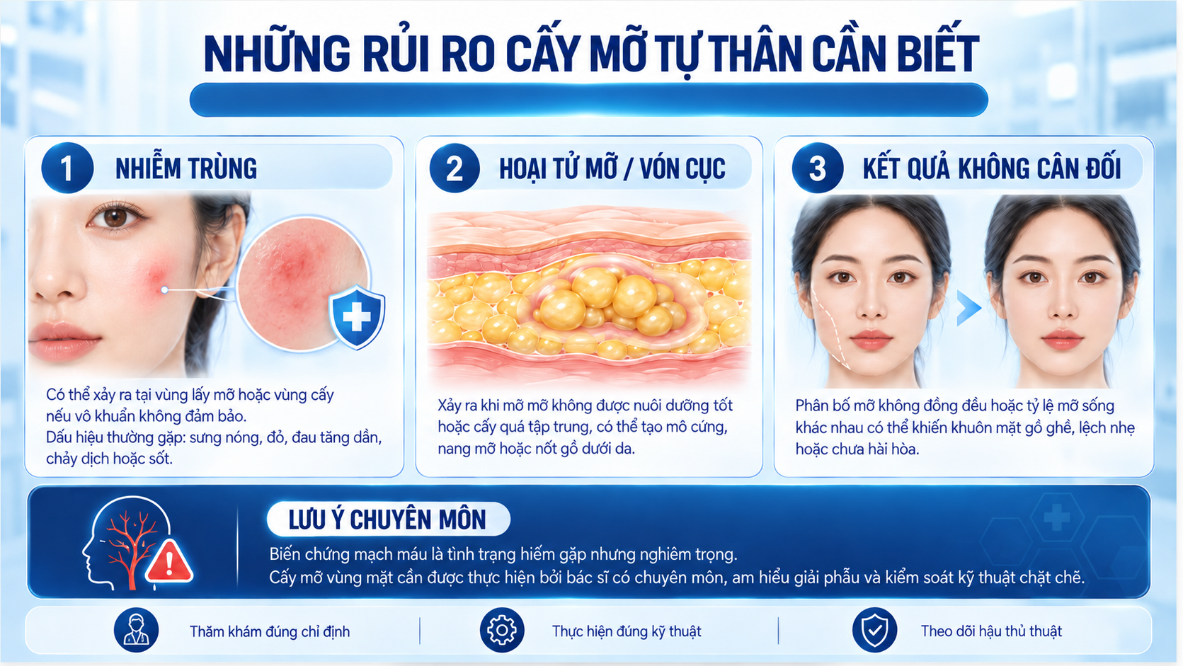 Infographic minh họa những rủi ro và biến chứng có thể gặp khi cấy mỡ tự thân.