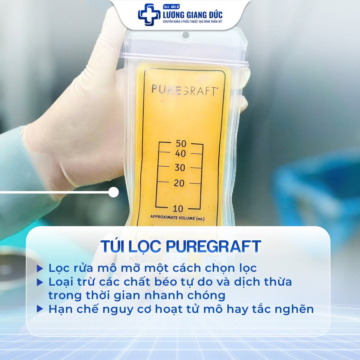 Hệ thống túi lọc mỡ PureGraft hỗ trợ loại bỏ máu, dầu và dịch thừa trong quá trình xử lý mô mỡ tự thân.